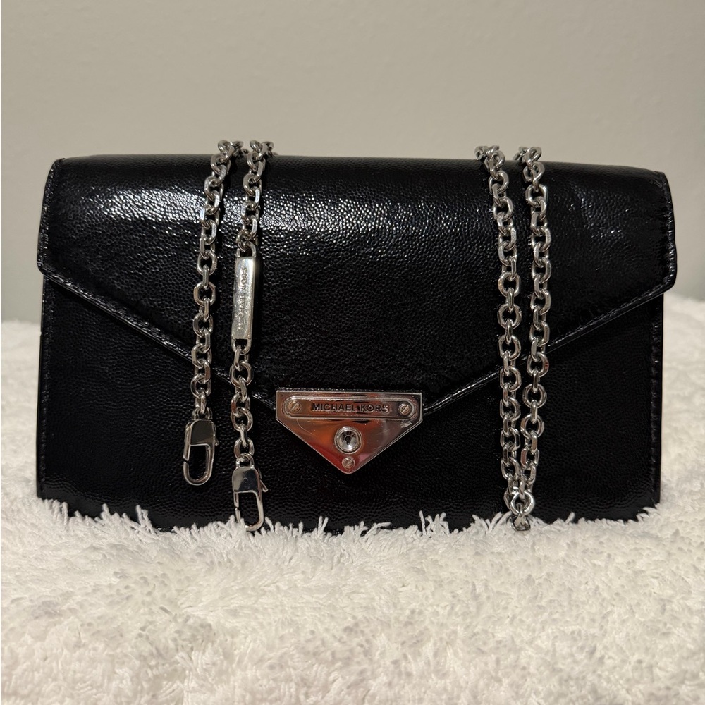 SOLD❣️ Michael Kors Black Clutch with Silver Crossbody Chain